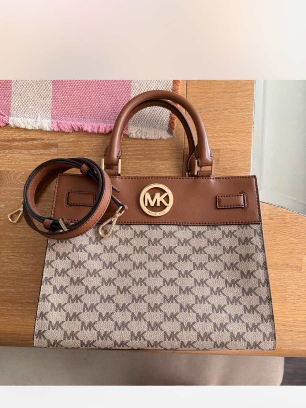 Michael Kors REAGAN Monogram Leather Medium Satchel Brown Handbag Purse